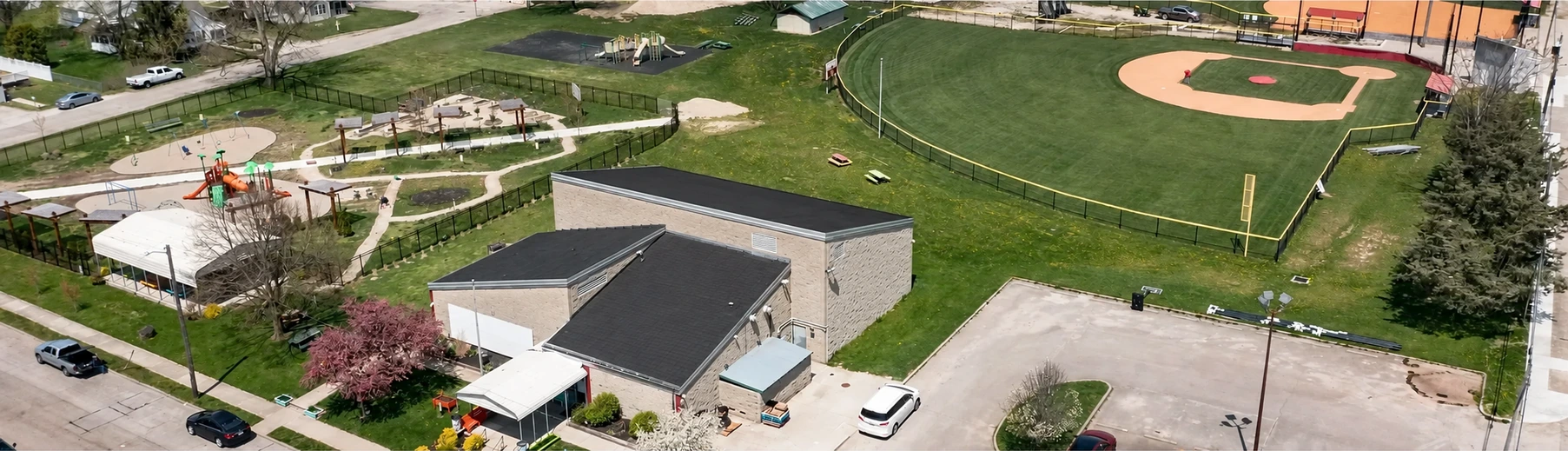 Aerial view of the Ross Center campus with renovated roof